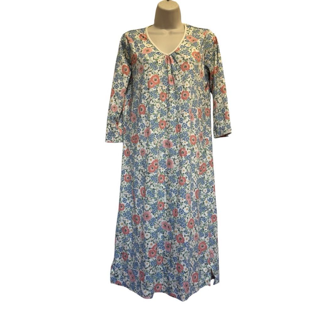 LL Bean Floral Supima Cotton Nightgown Nightdress 501623 V-Neck Sz S Like New